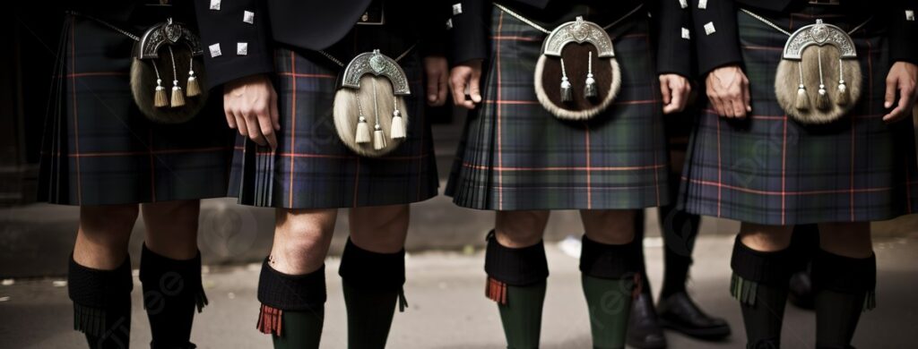 Men wearing sporrans showcasing Scottish heritage.