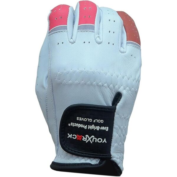 Pink and White Ever-Bright Premium Leather Golf Gloves with OptiColors design for enhanced grip and style.