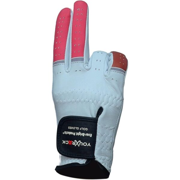 Pink and White Ever-Bright Premium Leather Golf Gloves with OptiColors design for enhanced grip and style.