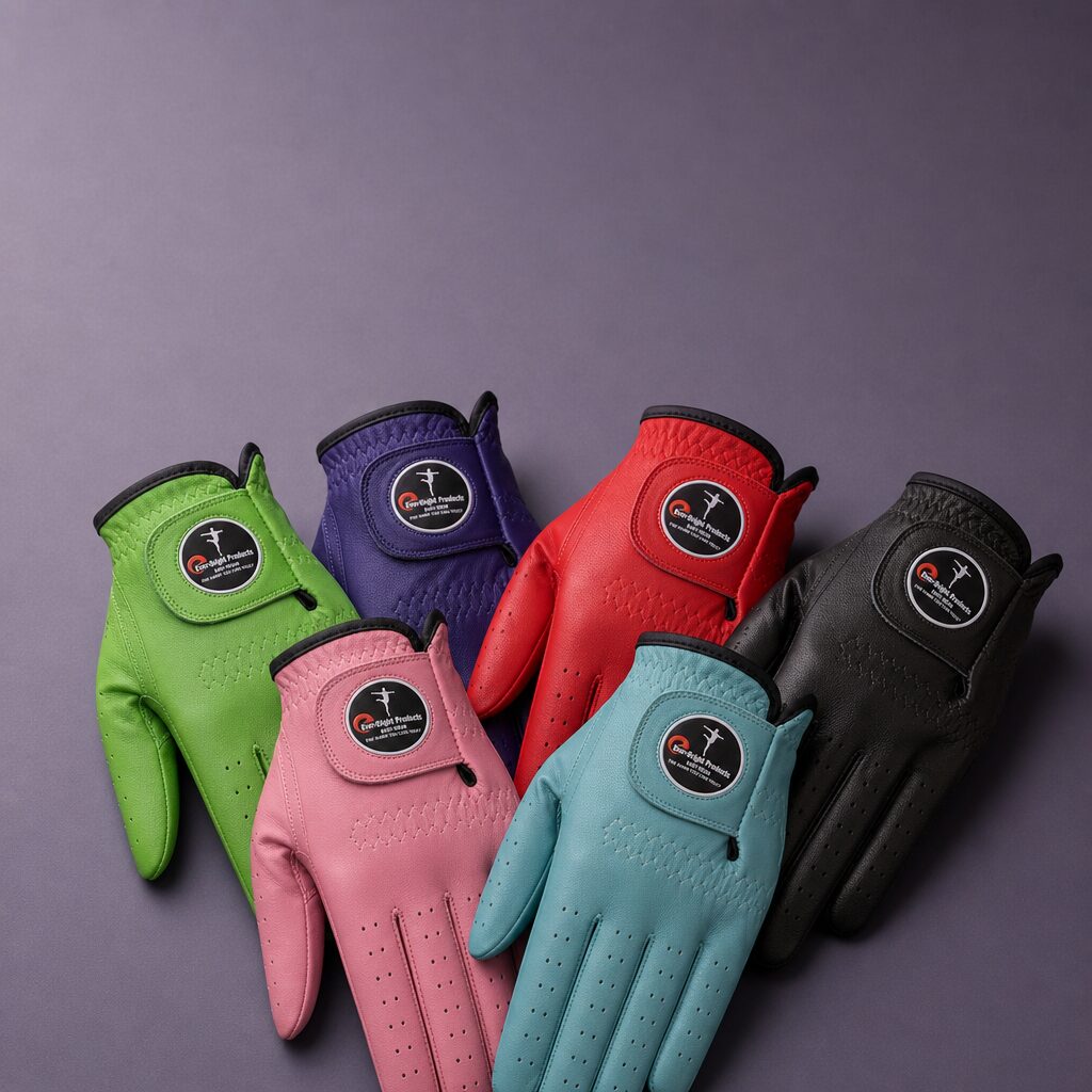 Ever-Bright golf gloves in green, purple, red, black, pink and sky blue