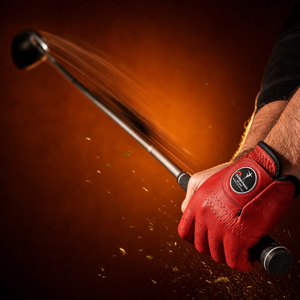 Golfer swinging wearing a red Ever-Bright Opti Color golf glove